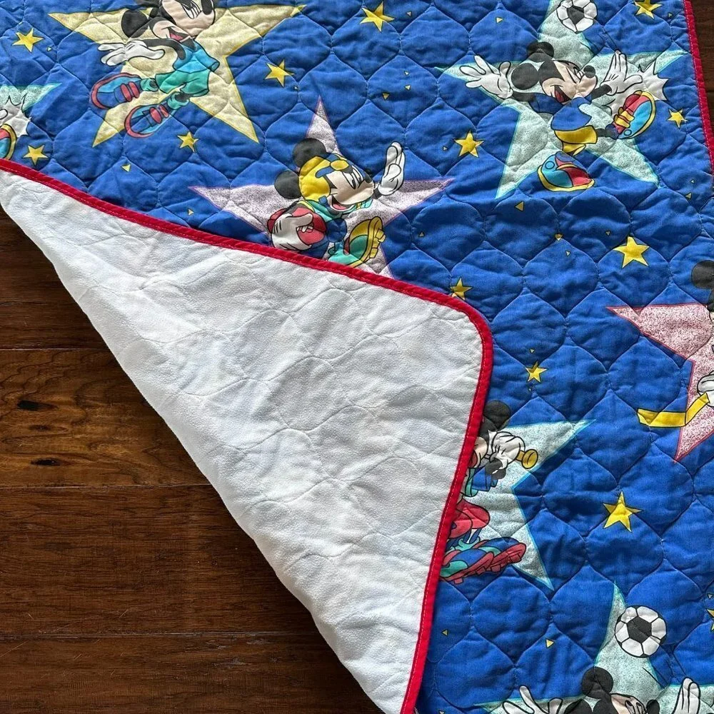 Vintage 80's Disney Quilt Sports Mickey Print 40x54 football basketball soccer b
